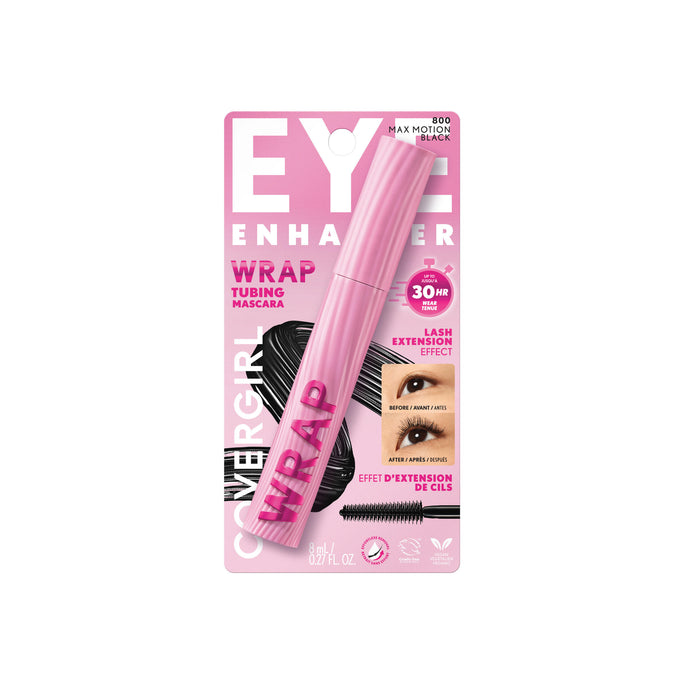 Go the distance with the high-performance COVERGIRL Eye Enhancer Wrap Tubing Mascara. Get a lash extension effect that is clump-free, flake-free and smudge-proof for up to 30 hours. Ultra-stretch, lightweight tubes wrap lashes for instant definition, extended length and lift. Formula is sweat- and waterproof yet remove