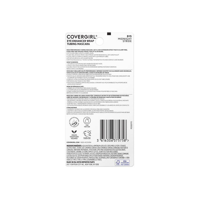 Go the distance with the high-performance COVERGIRL Eye Enhancer Wrap Tubing Mascara. Get a lash extension effect that is clump-free, flake-free and smudge-proof for up to 30 hours. Ultra-stretch, lightweight tubes wrap lashes for instant definition, extended length and lift. Formula is sweat- and waterproof yet remove