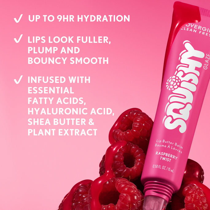 Get squishy hydration and bouncy shine with Clean Fresh Squishy GlazeTM Lip Butter Balm. This tinted glaze bursting with irresistibly squishy flavor delivers up to 9 hours of hydration. Lips look fuller, plump and supple smooth. The buttery formula, infused with Essential Fatty Acids, Hyaluronic Acid, Shea Butter, and