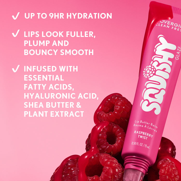 Get squishy hydration and bouncy shine with Clean Fresh Squishy GlazeTM Lip Butter Balm. This tinted glaze bursting with irresistibly squishy flavor delivers up to 9 hours of hydration. Lips look fuller, plump and supple smooth. The buttery formula, infused with Essential Fatty Acids, Hyaluronic Acid, Shea Butter, and