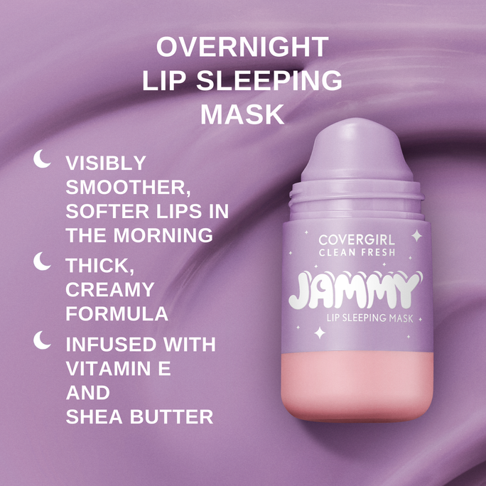 Wake up to glowy, restored lips with the COVERGIRL Clean Fresh Jammy Lip Sleeping Mask. The thick, creamy formula is infused with Vitamin E and Shea Butter and over 90% moisturizing ingredients, including antioxidant-rich Avocado and Grape Seed oils. It works overnight to visibly firm and reduce the look of lip lines, 