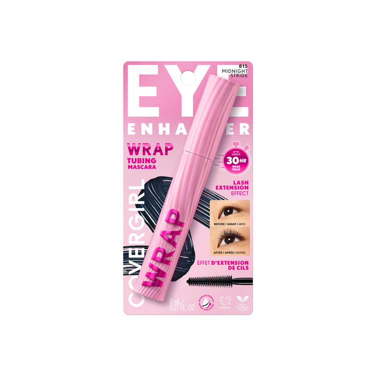 Go the distance with the high-performance COVERGIRL Eye Enhancer Wrap Tubing Mascara. Get a lash extension effect that is clump-free, flake-free and smudge-proof for up to 30 hours. Ultra-stretch, lightweight tubes wrap lashes for instant definition, extended length and lift. Formula is sweat- and waterproof yet remove