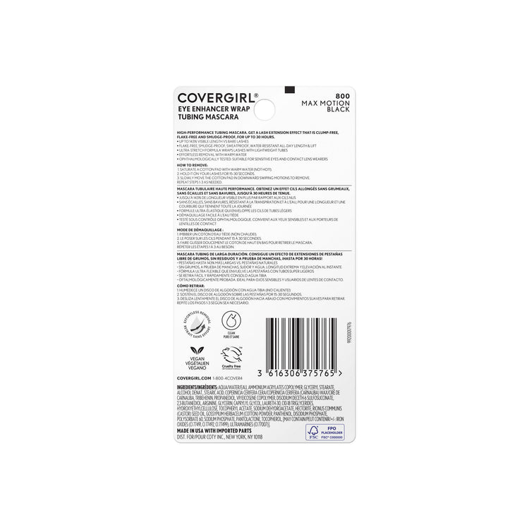 Go the distance with the high-performance COVERGIRL Eye Enhancer Wrap Tubing Mascara. Get a lash extension effect that is clump-free, flake-free and smudge-proof for up to 30 hours. Ultra-stretch, lightweight tubes wrap lashes for instant definition, extended length and lift. Formula is sweat- and waterproof yet remove