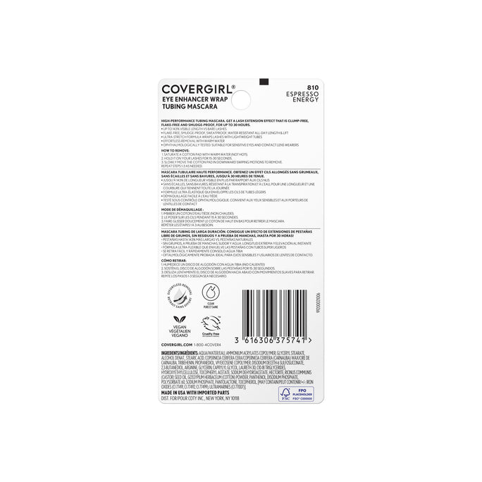 Go the distance with the high-performance COVERGIRL Eye Enhancer Wrap Tubing Mascara. Get a lash extension effect that is clump-free, flake-free and smudge-proof for up to 30 hours. Ultra-stretch, lightweight tubes wrap lashes for instant definition, extended length and lift. Formula is sweat- and waterproof yet remove